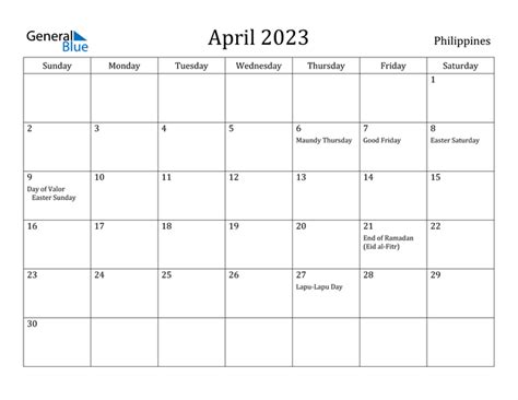 April 2023 Calendar – Philippines .
